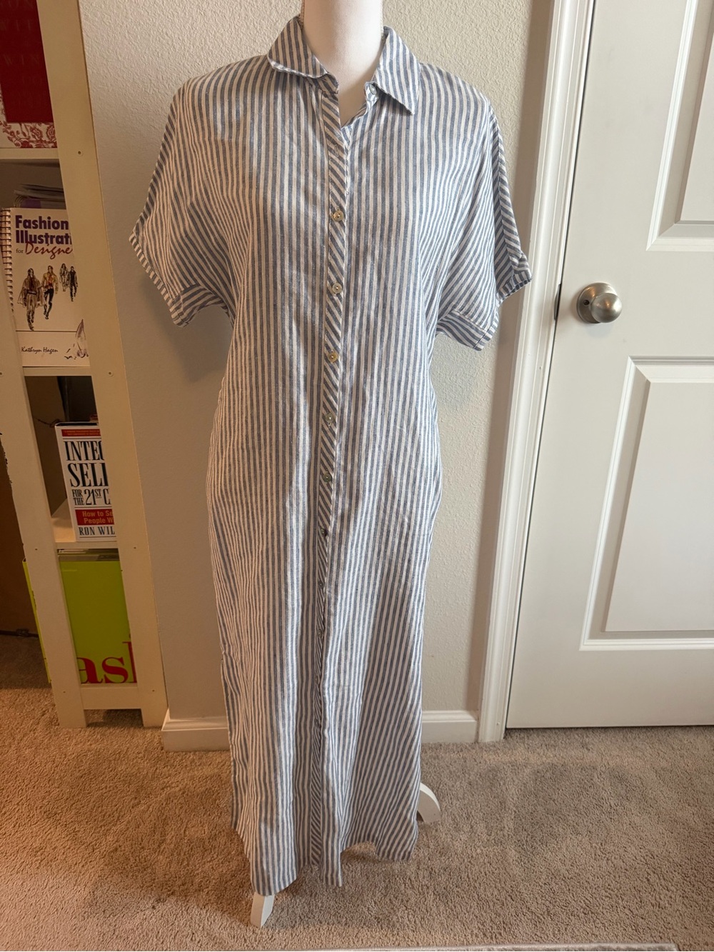 New Lucky Brand Striped Button-Front Maxi Dress in Blue and White XS 100% Linen